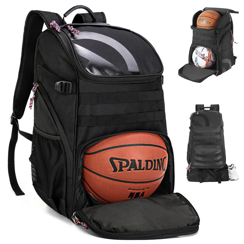 TRAILKICKER Basketball Bag Backpack with Ball Holder Multi-Sport Backpack for Soccer Volleyball Football Baseball Helmet (TK2-Black, Large) - Image 1